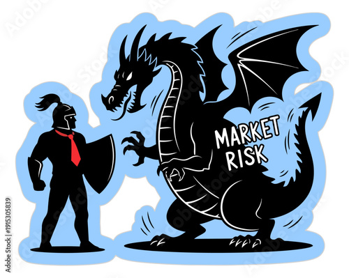 Business Warrior Confronts Market Risk Dragon - Vector Illustration