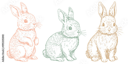 Hand-drawn vintage Easter bunny vector set. Sketchy spring hares in pastel colors. Retro woodland rabbit lineart collection.