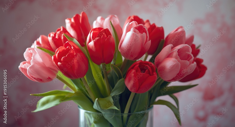 Fototapeta premium Pink and red tulips arranged in glass vase with copy space for greetings