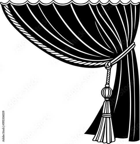 Luxury stage curtain with tassel tie back Black and white vector illustration
