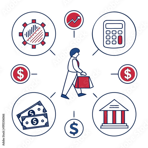 Cash flow tracking set with person and finance symbols money business