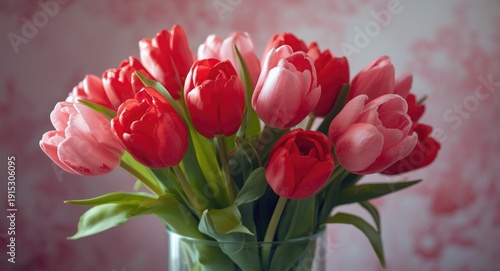 Pink and red tulips arranged in glass vase with copy space for greetings