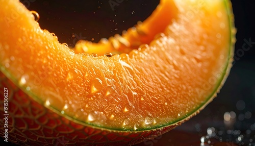 Macro shot of a wet, ripe melon slice with droplets against a dark background