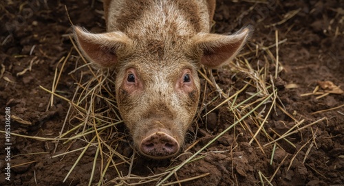 Pig head covered in farm di...