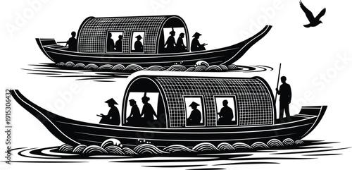 Traditional Asian boats on river, passengers in silhouette, conical hats, woven canopy, cultural heritage, serene water scene, flavector