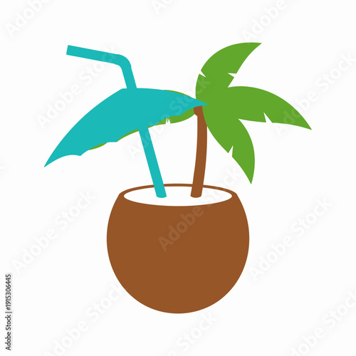 Flat design illustration of a coconut drink with umbrella and palm tree