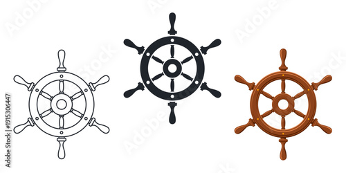 classic brown wooden ship helm nautical steering wheel icon symbol outline silhouette vector set of 3 on transparent background