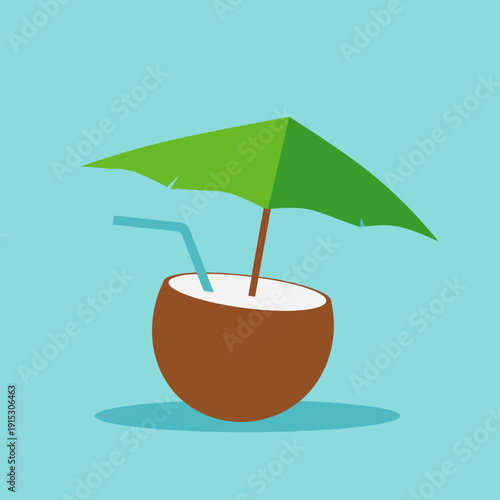Coconut drink with straw and umbrella in flat design style on a tropical beach vacation scene