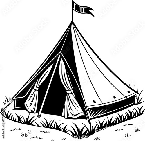 Classic Camping Tent with Flag Monochromatic Woodcut Style Vector Illustration