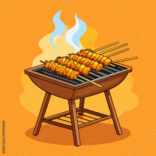 Grilled meat skewers on a barbecue grill in flat design vector illustration