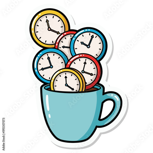 Time Management Concept Colorful Clocks Overflowing from a Mug, Doodle Style Vector Illustration