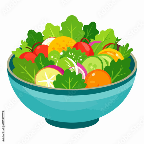 Flat design illustration of a fresh mixed salad bowl with various vegetables and fruits