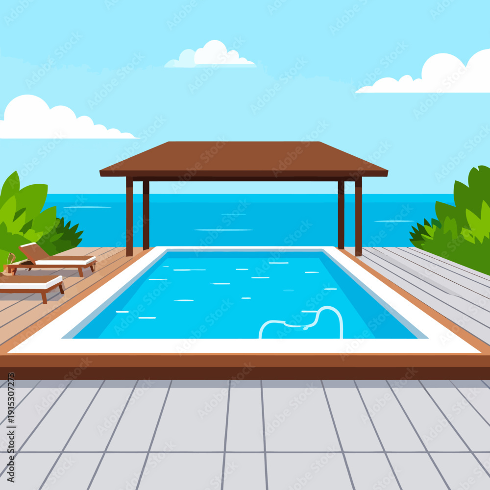 Fototapeta premium Serene poolside scene with lounge chairs near gazebo in flat design style