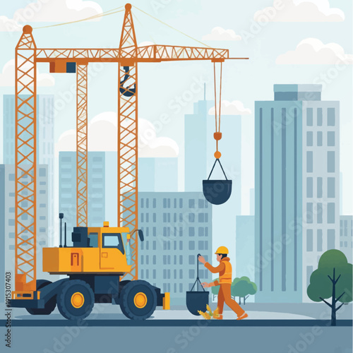 Construction site with crane and workers in modern cityscape