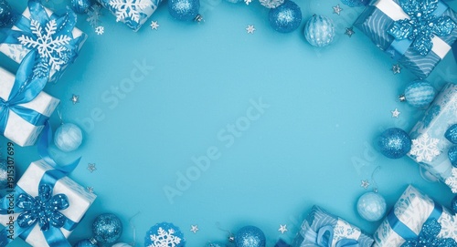 Flat lay scene of blue and ...