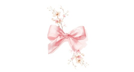 Isolated pink ribbon bow and crest watercolor wedding clipart on white background