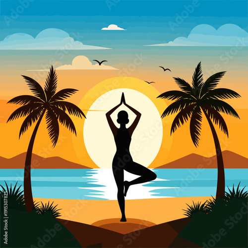 Serene yoga practice on a tropical beach at sunset in flat design, viewed from the side.