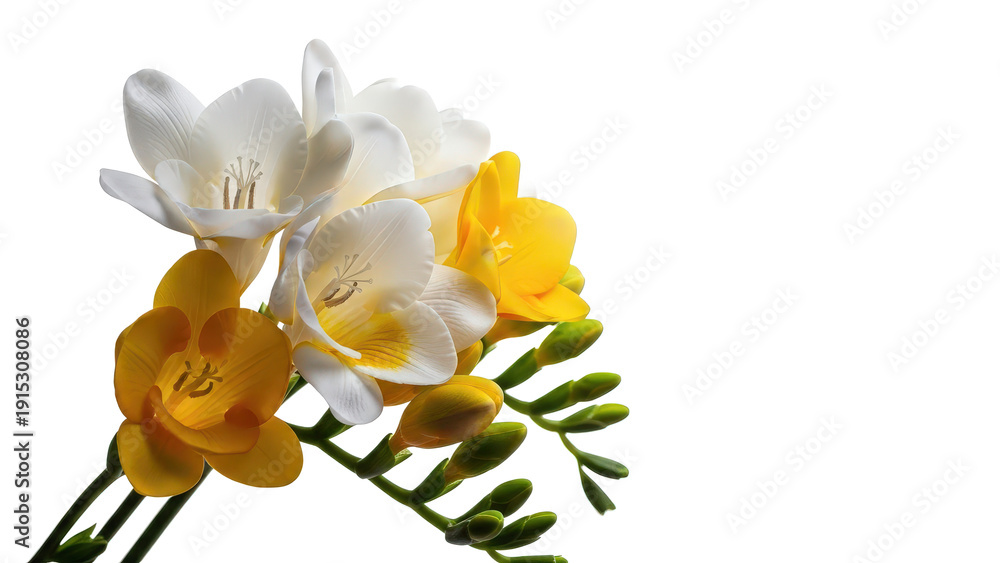 Obraz premium Freesia flowers png yellow white flowers png floral bouquet png glass vase png transparent background image