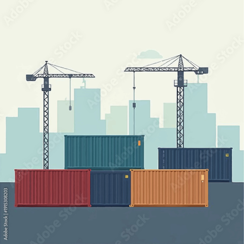 Container shipping yard with cranes and city skyline background