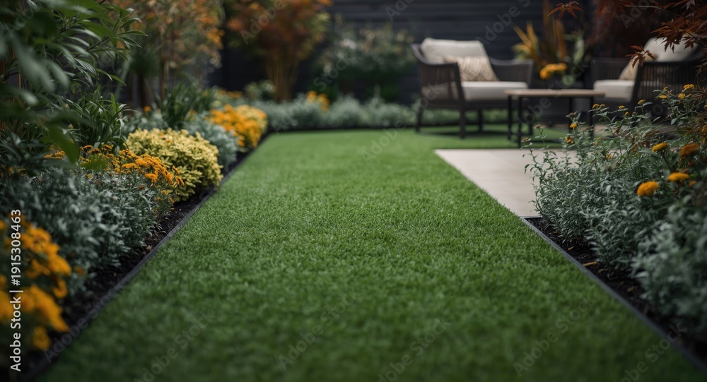 Obraz premium Exterior garden concept using synthetic grass pathways to enhance home outdoor spaces