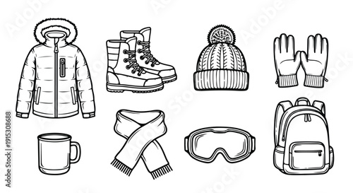Illustration of winter clothing and accessories for cold weather activities Vector