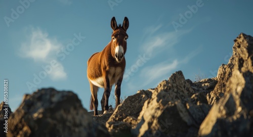 A calm mule standing on a c...
