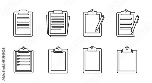 Eight different clipboards with various notes and writing tools Vector