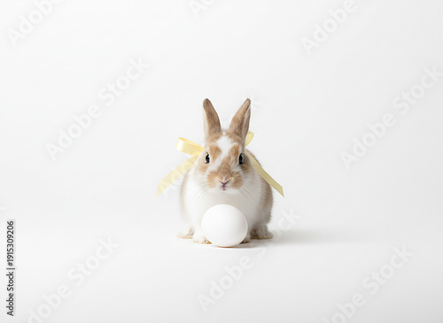 Brown and white rabbit with yellow ribbon sitting behind white egg on white background