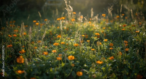 Softly lit meadow filled wi...