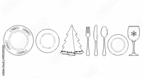 A variety of dining utensils and dishes arranged in a row Vector