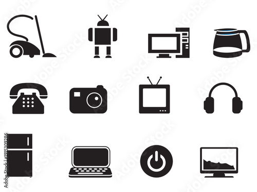 Black silhouette household appliances collection, isolated white background for design needs