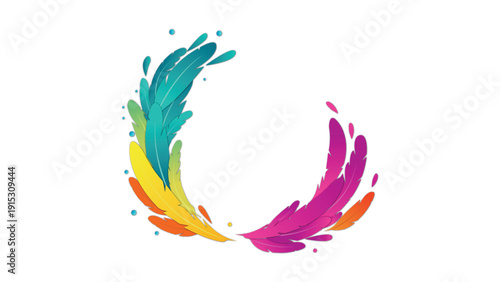 Abstract colorful paint splash, dynamic fluid art feather frame design with vibrant hues