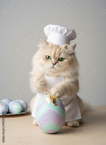 Cat dressed as chef painting a large decorative Easter egg