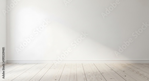 A blank white wall in a minimalist room with a light wooden floor, perfect for copy space or a product mockup- 3D rendering