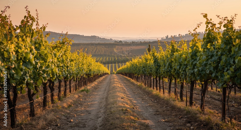 Fototapeta premium Quiet pathway crossing vast grape plantations with intensified natural hues