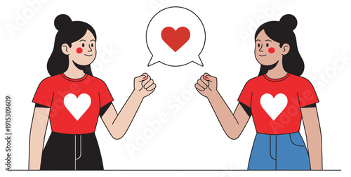 Two women in heart t-shirts, sharing heart in speech bubble, representing friendship, love, connection, positive relationship, vector illustration design