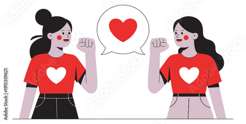 Women friends in heart-themed shirts, sharing heart in speech bubble, symbolizing love, friendship, and connection, vector illustration, relationship concept