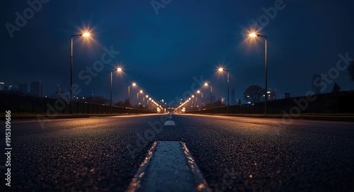 Urban street at night displaying an unusual perspective with bright street lamps