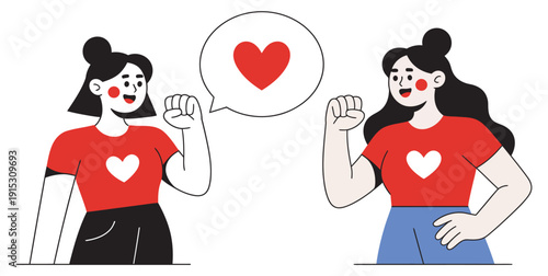 Two smiling women with heart t-shirts, sharing heart in speech bubble, friendship and love concept, connection illustration, positive relationship vector design