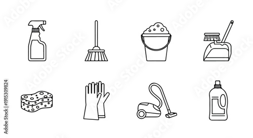 Assorted cleaning tools and supplies arranged in a grid layout Vector