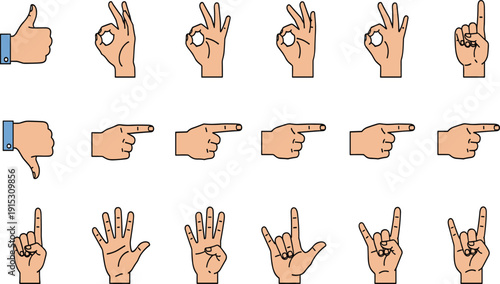 Hand gestures collection, thumbs up and down, pointing finger, okay sign, counting hands, rock on, various human palm positions, arm vector illustration.