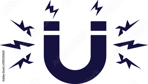 Horseshoe magnet vector illustration, magnetic field lines with lightning bolts, educational science diagram for physics, energy, force, attraction concept design