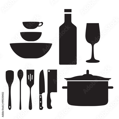 Kitchen utensils and dining objects collection, black silhouette on white background