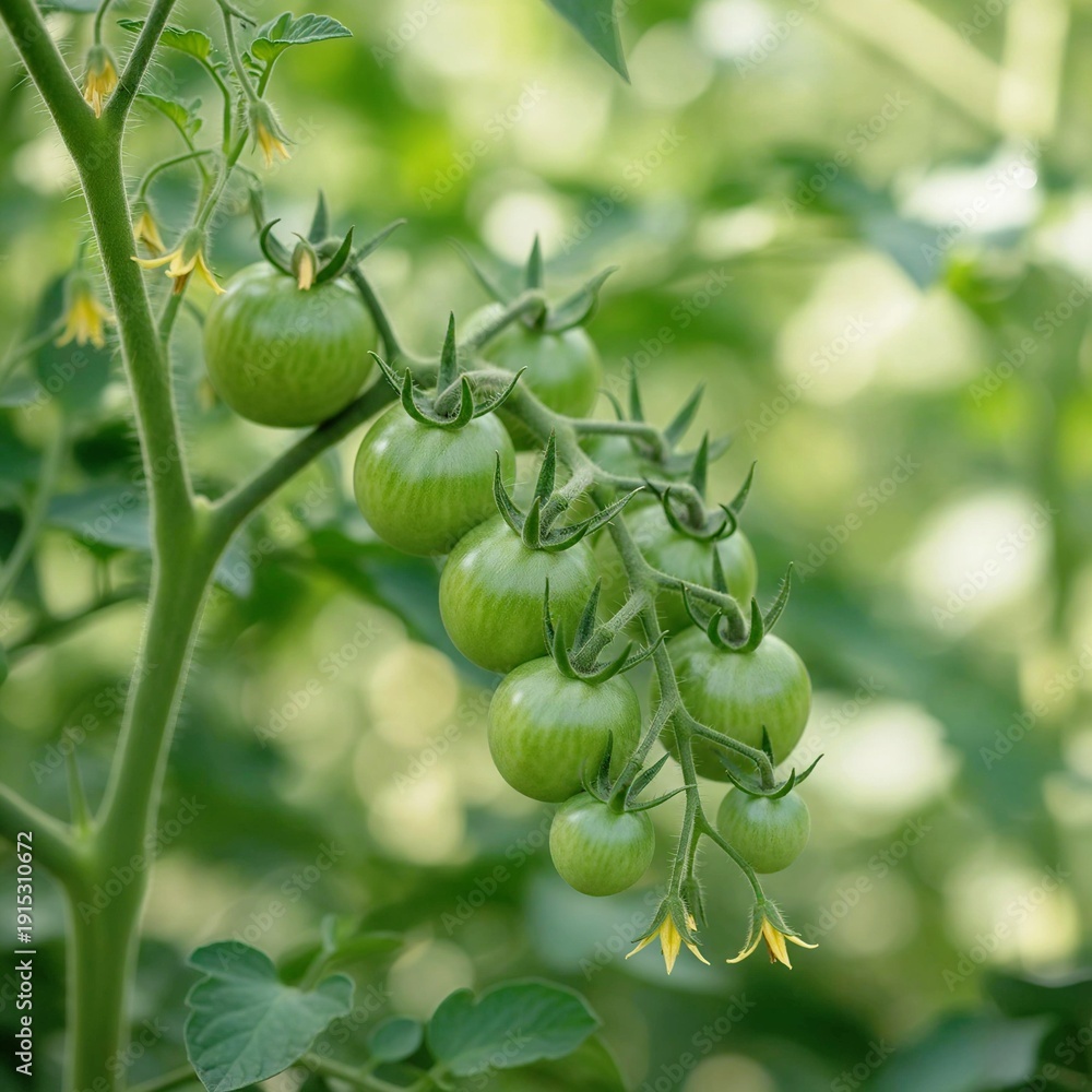 Fototapeta premium Cluster of Unripe Green Cherry Tomatoes Growing on a Vine in the Sunlight