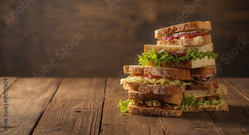 Wooden tabletop showcasing an artful pile of assorted sandwiches