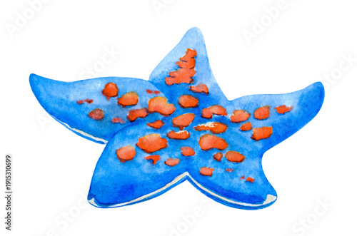 Blue starfish, hand-drawn watercolor illustration. Marine theme, underwater world.