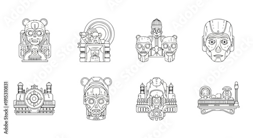 Diverse collection of intricate line art illustrations featuring various themes Vector