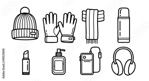 Winter accessories and personal items neatly arranged in a row Vector