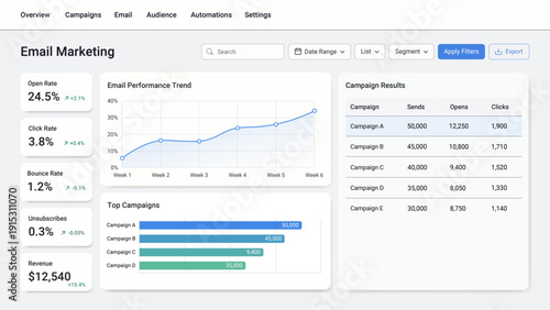 Email Marketing Dashboard UI Vector Template with KPI Cards, Email Performance Trend Chart, Top Campaigns Bar Chart and Campaign Results Table
