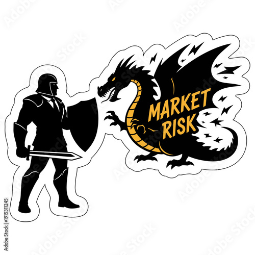 Market Risk Shield Knight Defending Against Dragon, Vector Illustration for Finance
